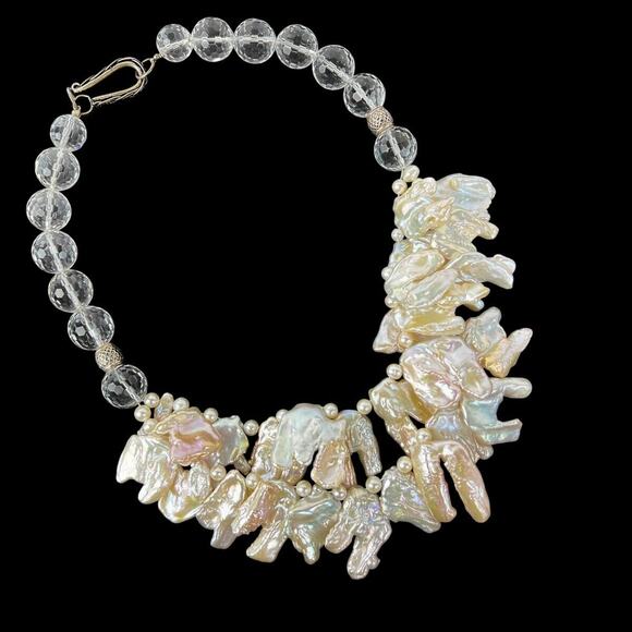 Keshi Pearl Necklace Iridescent Luster Irregular Shape Round Faceted Glass Beads - Picture 3 of 12